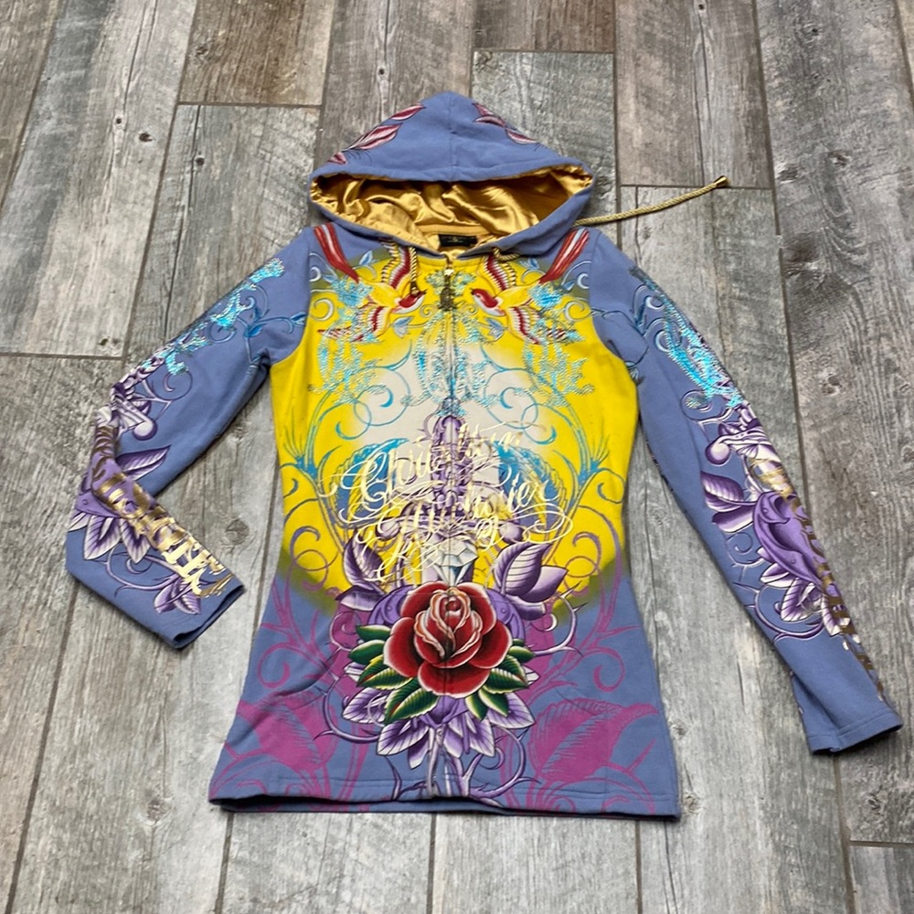 Christian Audigier Bird/Flower Rhinestones Hoodie M